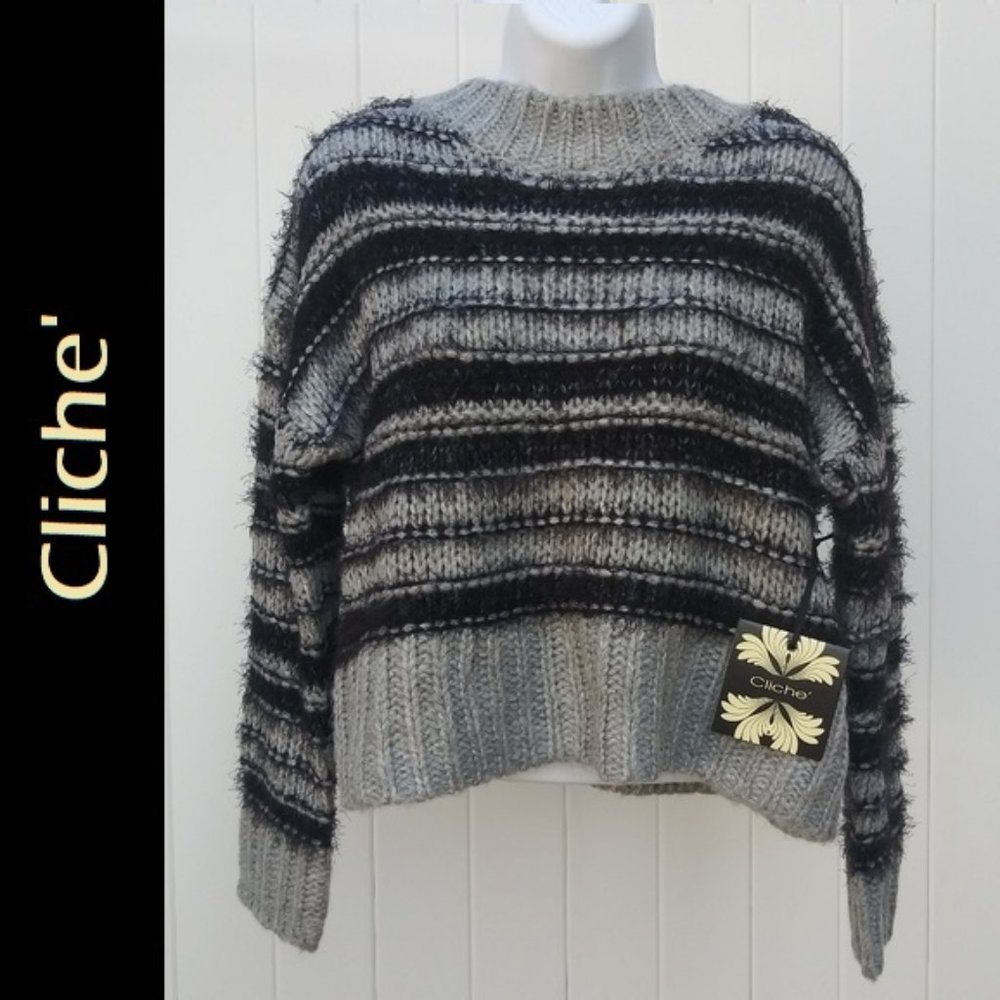 Cliche Striped FuzzyThick Knit Sweater Rubbed Trim - Picture 1 of 4